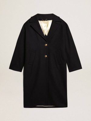 Dark Blue Coats & Jackets Women Golden Goose Women's Single-Breasted Cocoon Coat In Dark Blue Wool With Gold Button - 1