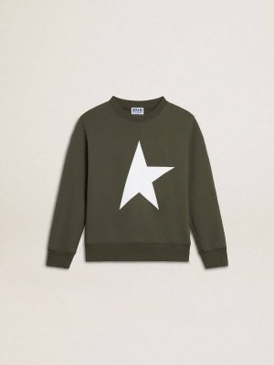 Dark Green Kids Golden Goose Topwear Selection (4-12 Years) Boys' Dark Green Sweatshirt With White Maxi Star On The Front - 1