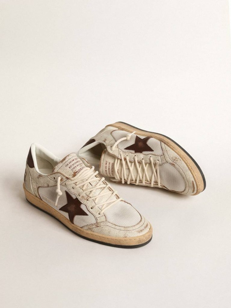 Ecru Ball Star Ball Star Ltd In Ecru Leather And White Mesh With Brown Star Men Golden Goose - 2