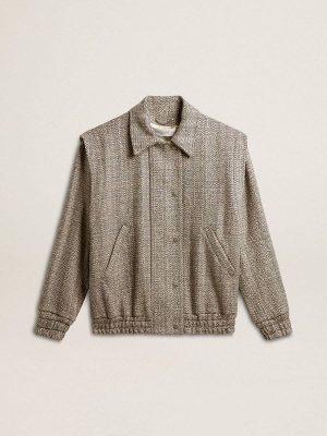Ecru Brown Women's Bomber Jacket In Ecru Brown Herringbone Wool Coats & Jackets Women Golden Goose - 1