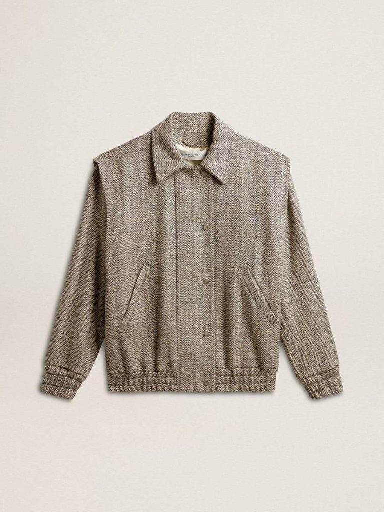 Ecru Brown Women's Bomber Jacket In Ecru Brown Herringbone Wool Coats & Jackets Women Golden Goose - 1