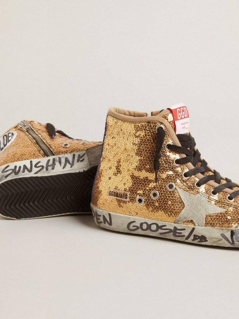 Francy Francy Penstar In Gold Paiettes With Suede Star And Bright Blue Heel Tab Women Golden Goose - 3