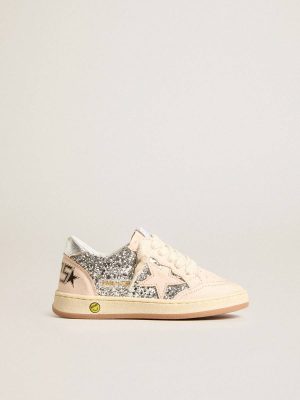 Girls (4-10 Years) Golden Goose Kids Silver Young Ball Star In Glitter With Silver Metallic Leather Heel Tab - 1