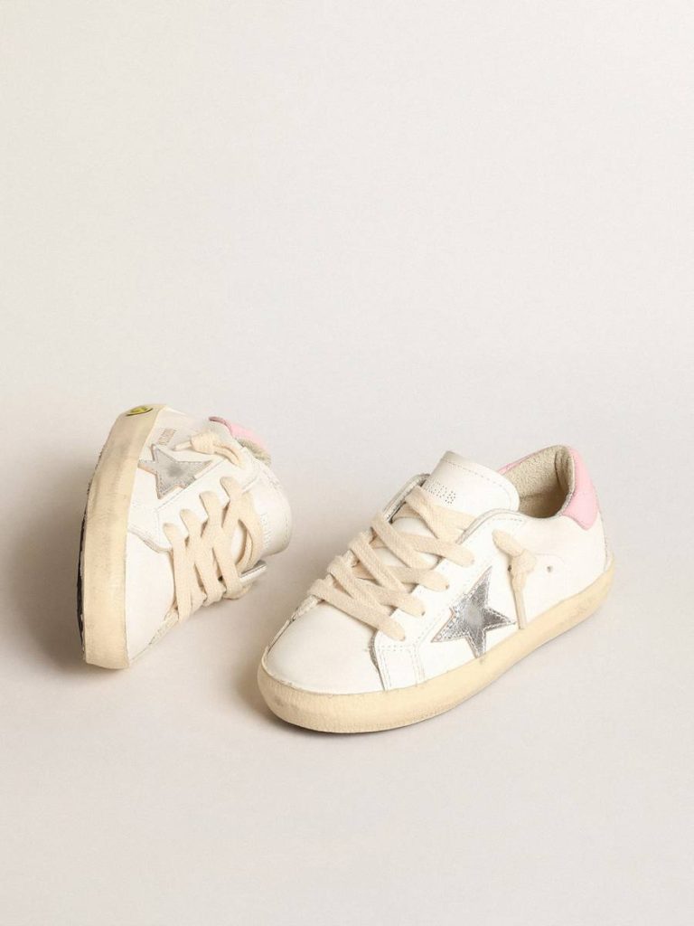 Girls (4-10 Years) Kids Super-Star Young With Silver Leather Star And Pink Heel Tab Golden Goose White - 2