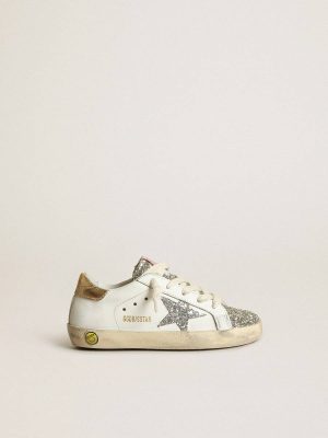 Girls (4-10 Years) White Young Super-Star With Silver Glitter Star And Platinum Tongue Kids Golden Goose - 1