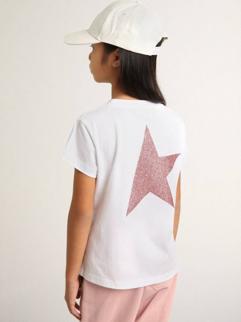 Girls’ White T-Shirt With Pink Glitter Logo And Maxi Star Kids Topwear Selection (4-12 Years) White Golden Goose - 3