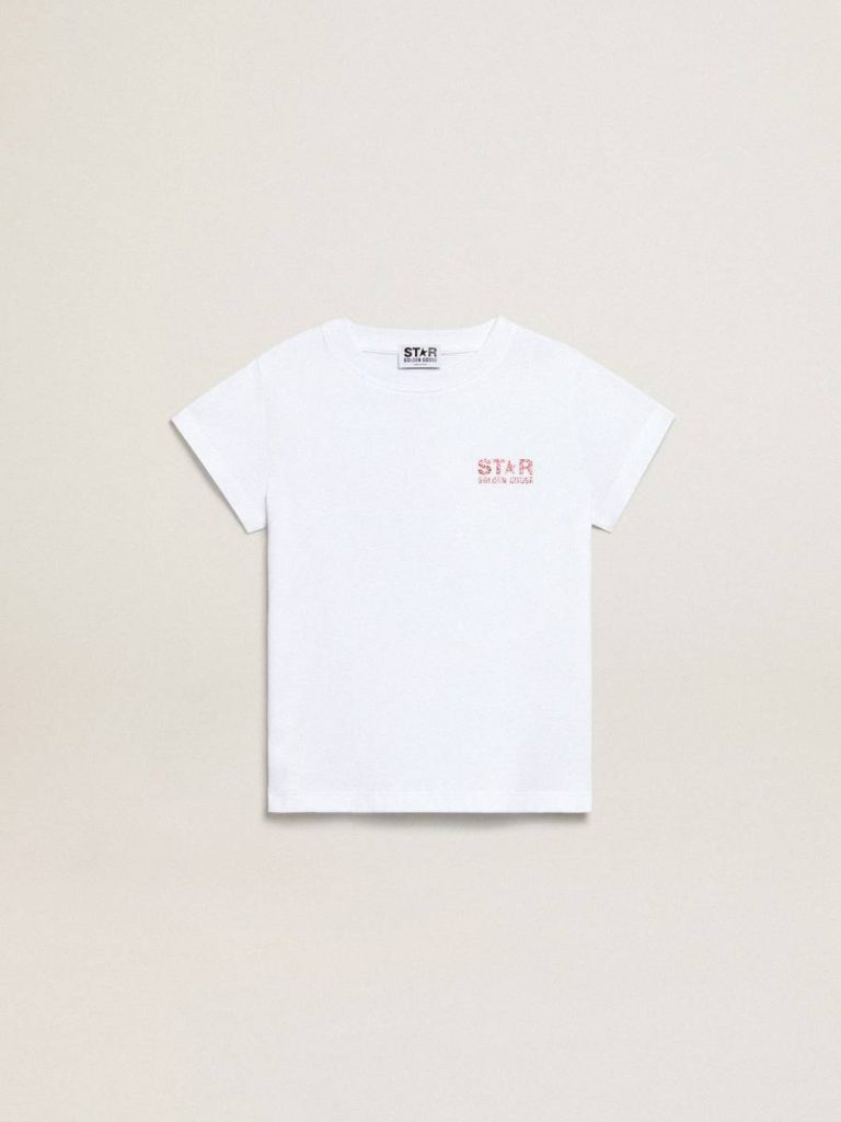 Girls’ White T-Shirt With Pink Glitter Logo And Maxi Star Kids Topwear Selection (4-12 Years) White Golden Goose - 1