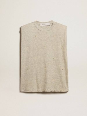 Golden Goose Aged White Sleeveless T-Shirt With Padded Shoulder And Pearls Women Aged White T-Shirts & Tops - 1