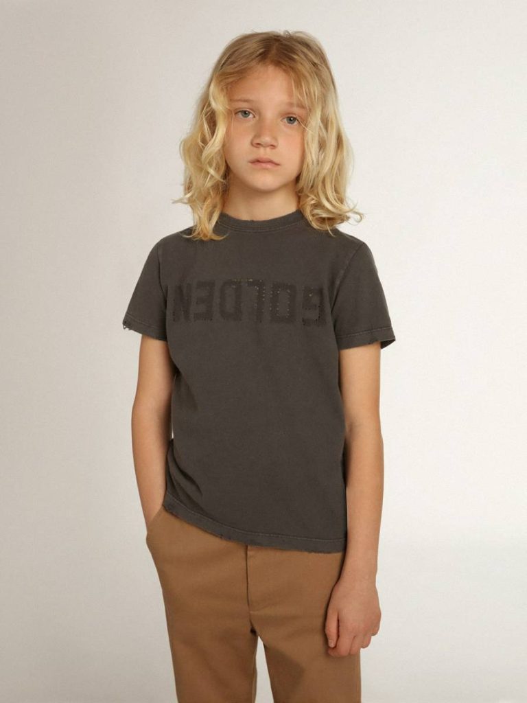 Golden Goose Anthracite Gray Boys’ T-Shirt In Gray With Distressed Treatment Topwear Selection (4-12 Years) Kids - 3