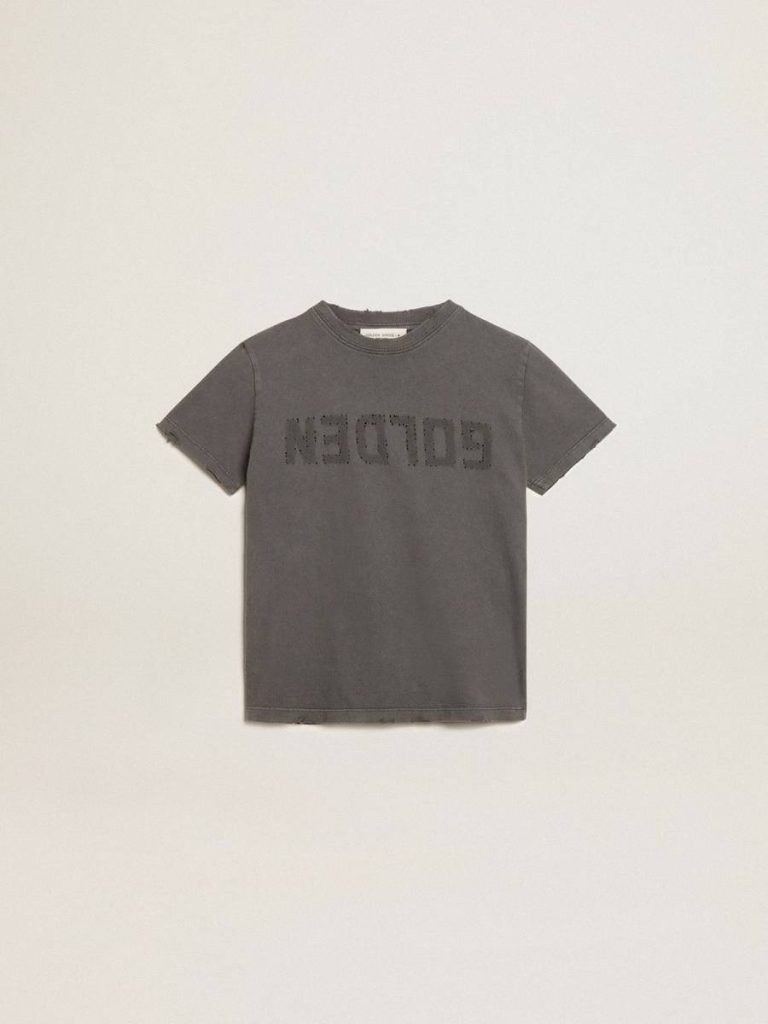 Golden Goose Anthracite Gray Boys’ T-Shirt In Gray With Distressed Treatment Topwear Selection (4-12 Years) Kids - 1
