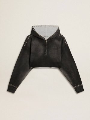 Golden Goose Anthracite Gray Women Sweatshirts Gray Cropped Sweatshirt With A Lived-In Effect - 1