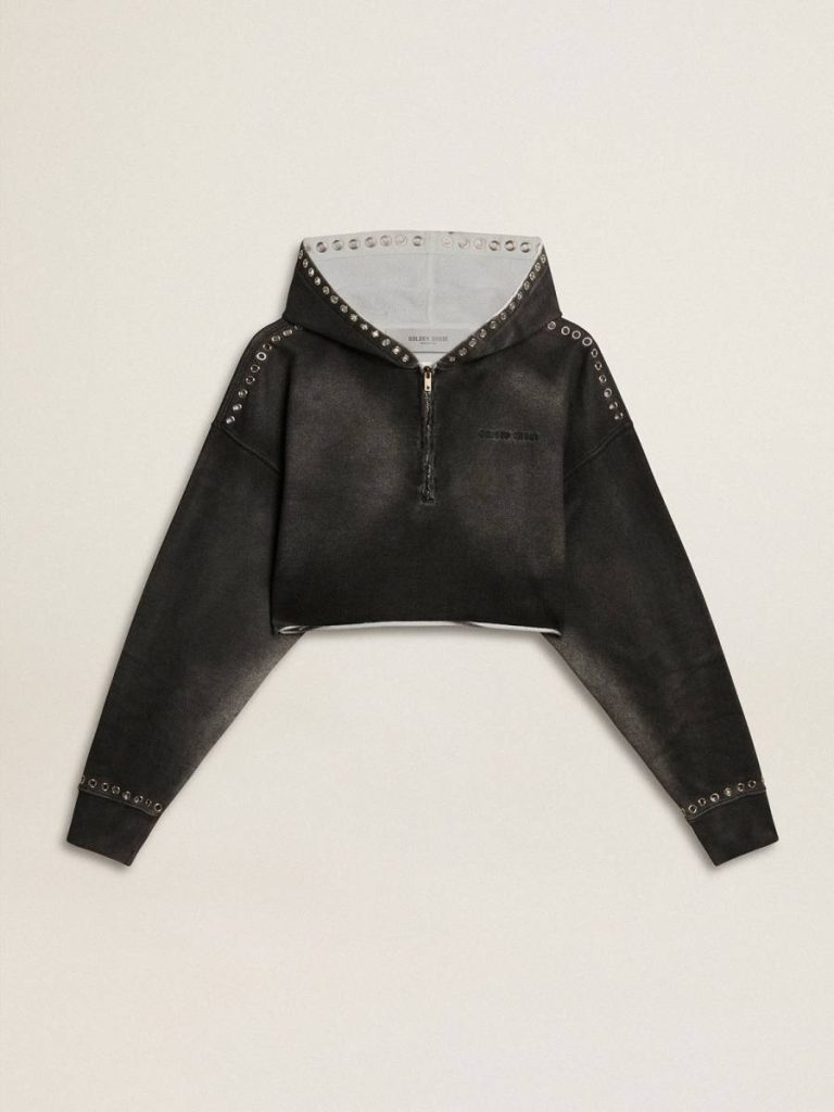 Golden Goose Anthracite Gray Women Sweatshirts Gray Cropped Sweatshirt With A Lived-In Effect - 1