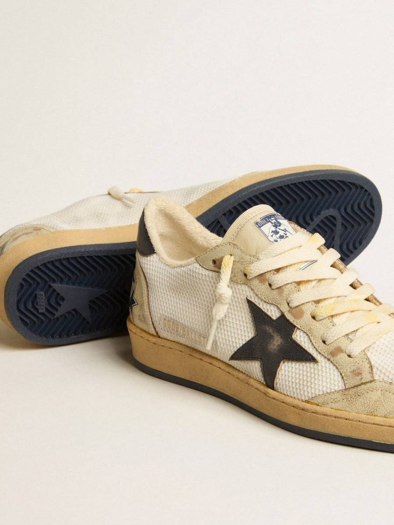 Golden Goose Ball Star In White Mesh With Vintage Blue Leather Star And Heel Tab Men Ball Star - 4