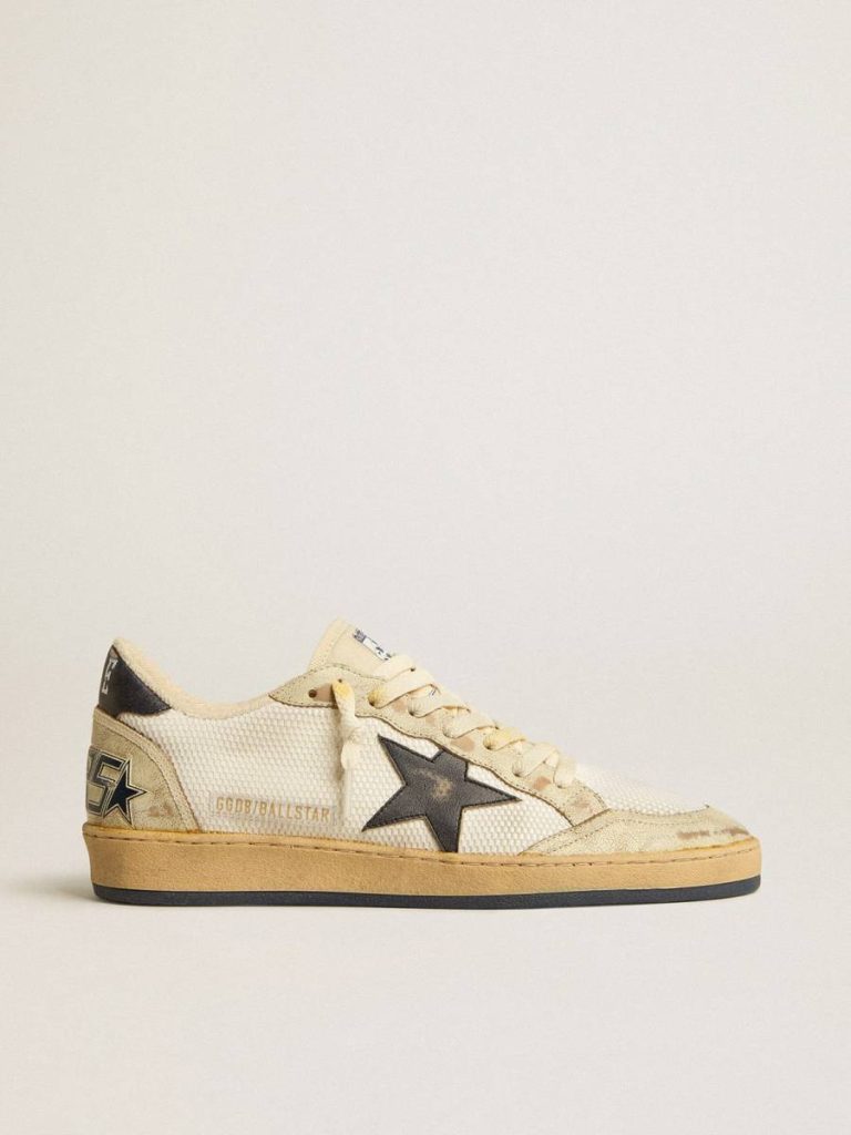 Golden Goose Ball Star In White Mesh With Vintage Blue Leather Star And Heel Tab Men Ball Star - 1