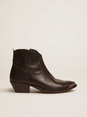 Golden Goose Black Women Young Ankle Boots In Black Leather With Sand-Colored Embroidery Boots - 1