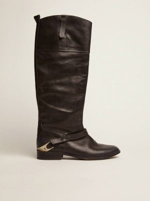 Golden Goose Black Women's Black Leather Boots With Clamp On The Heel Women Boots - 1