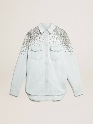 Golden Goose Bleached Blue Shirts Women's Bleached Boyfriend Shirt With Cabochon Crystals Women - 1