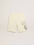 Golden Goose Bottomwear Selection (4-12 Years) Kids Boys’ Bermuda Shorts In Aged White With Print On The Front Aged White - 1