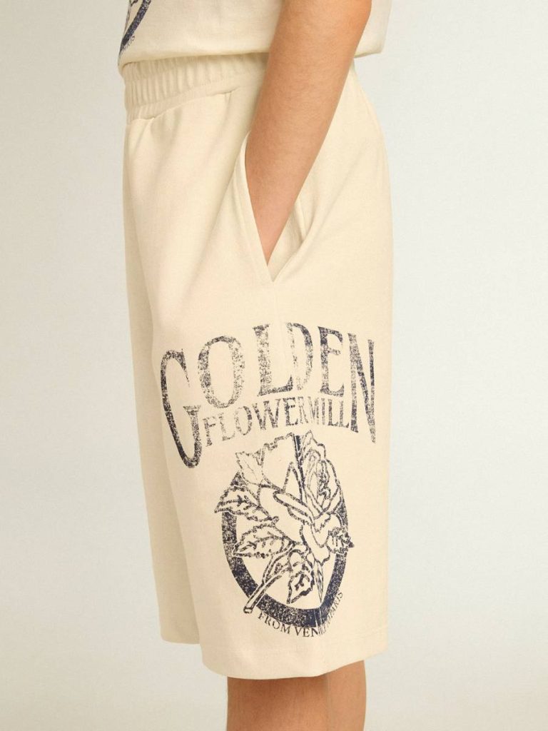 Golden Goose Bottomwear Selection (4-12 Years) Kids Boys’ Bermuda Shorts In Aged White With Print On The Front Aged White - 3