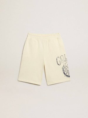 Golden Goose Bottomwear Selection (4-12 Years) Kids Boys’ Bermuda Shorts In Aged White With Print On The Front Aged White - 1