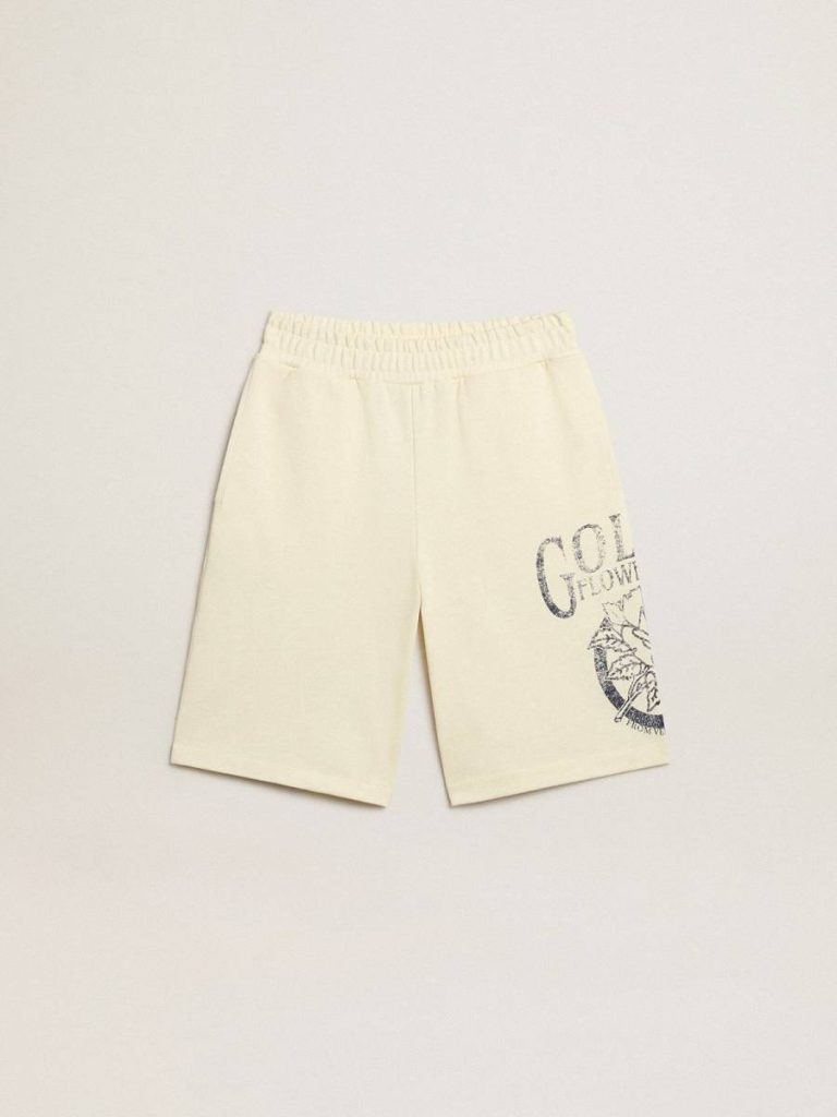 Golden Goose Bottomwear Selection (4-12 Years) Kids Boys’ Bermuda Shorts In Aged White With Print On The Front Aged White - 1