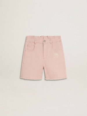 Golden Goose Bottomwear Selection (4-12 Years) Pink Kids Girls' Pink Cotton Shorts With Embroidery - 1