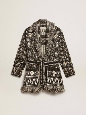 Golden Goose Cardigan With Belt And Dark Gray Fair Isle Pattern Women Knitwear Dark Gray Melange And Wool White - 1