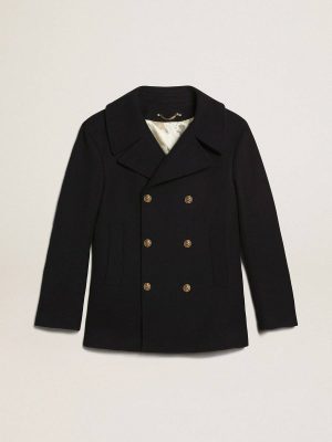 Golden Goose Coats & Jackets Dark Blue Men Men's Double-Breasted Coat In Dark Blue Wool With Gold Buttons - 1
