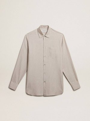 Golden Goose Gray Men's Viscose-Blend Linen Shirt With Striped Pattern Shirts Men - 1