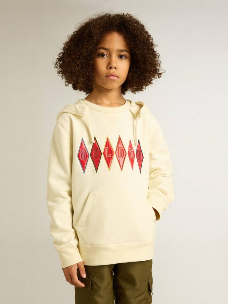 Golden Goose Hooded Sweatshirt In Worn White With Golden Embroidery On The Front Aged White Kids Topwear Selection (4-12 Years) - 3
