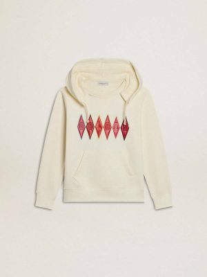 Golden Goose Hooded Sweatshirt In Worn White With Golden Embroidery On The Front Aged White Kids Topwear Selection (4-12 Years) - 1