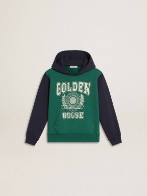 Golden Goose Kids Boys' Green And Blue Sweatshirt With Hood And Print Topwear Selection (4-12 Years) Green And Blue - 1