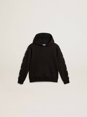 Golden Goose Kids Topwear Selection (4-12 Years) Black Boys’ Hooded Sweatshirt In Black With Contrasting Silver Stars - 1