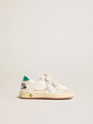 Golden Goose Little Boys (1-3 Years) White Junior Ball Star With Silver Star And Green Suede Heel Tab Kids - 1