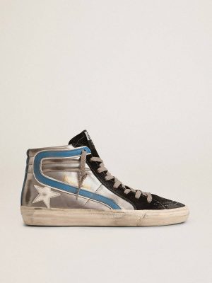 Golden Goose Men Slide In Silver Metallic Leather With White Leather Star Slide - 1