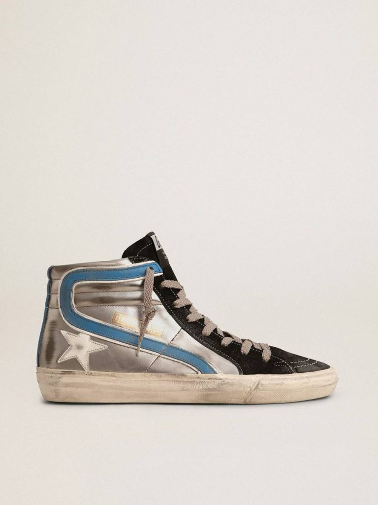 Golden Goose Men Slide In Silver Metallic Leather With White Leather Star Slide - 1