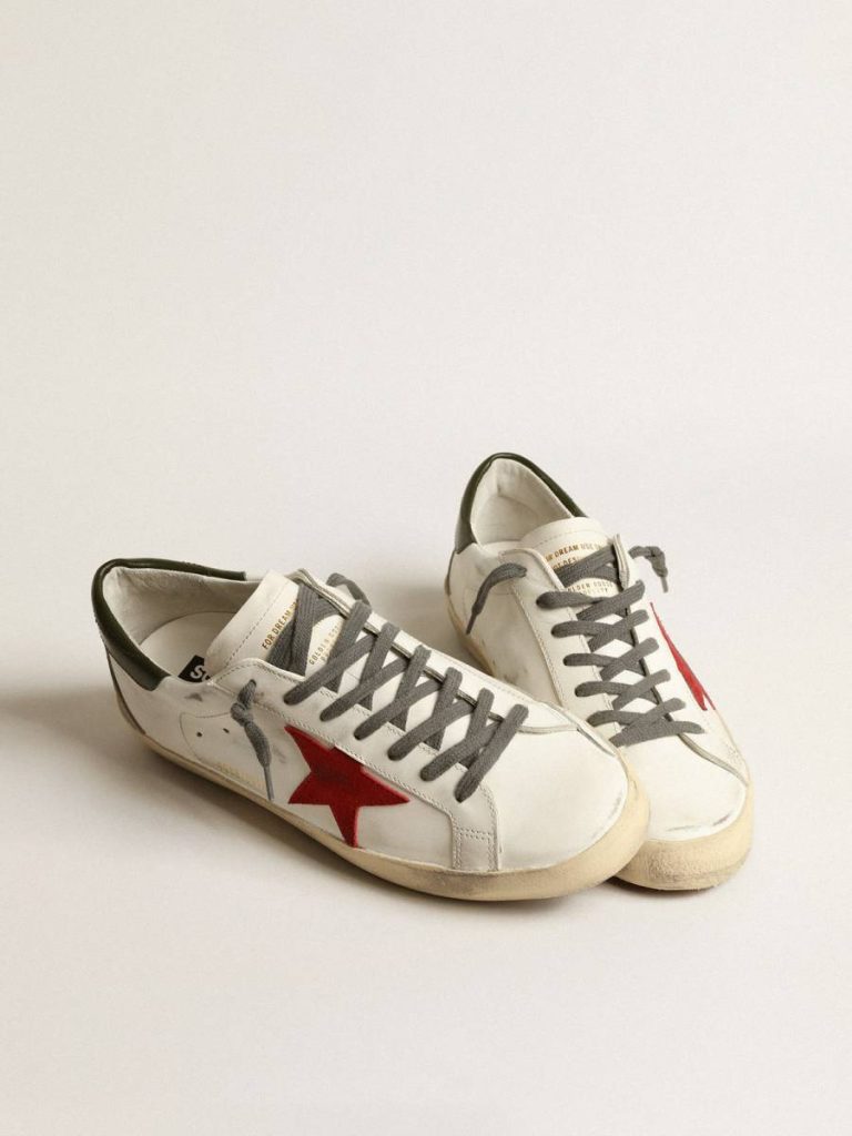Golden Goose Men White Super-Star Men's Super-Star With Red Suede Star And Green Leather Heel Tab - 2