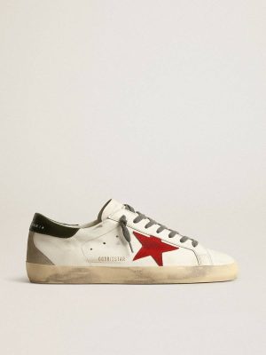 Golden Goose Men White Super-Star Men's Super-Star With Red Suede Star And Green Leather Heel Tab - 1
