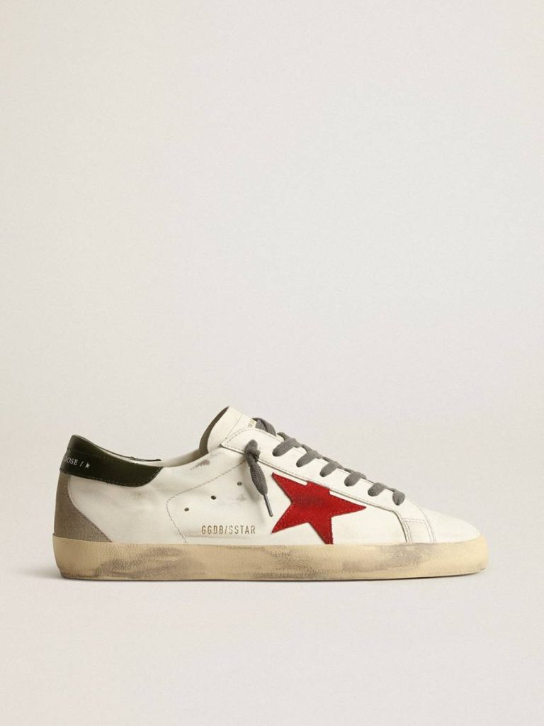 Golden Goose Men White Super-Star Men's Super-Star With Red Suede Star And Green Leather Heel Tab - 1