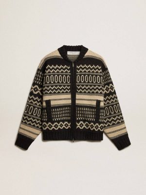Golden Goose Men’s Cardigan In Ecru Wool With Jacquard Design Knitwear Men Ecru And Black - 1