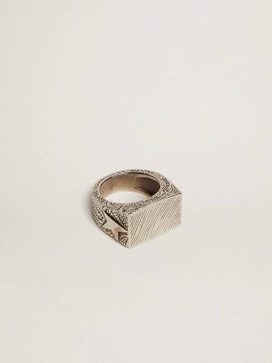 Golden Goose Men's Silver Color Square Ring Jewelry Men Antique Silver - 1