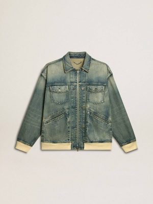 Golden Goose Men's Washed Denim Jacket With Wool Blend Ribbing Blue Coats & Jackets Men - 1