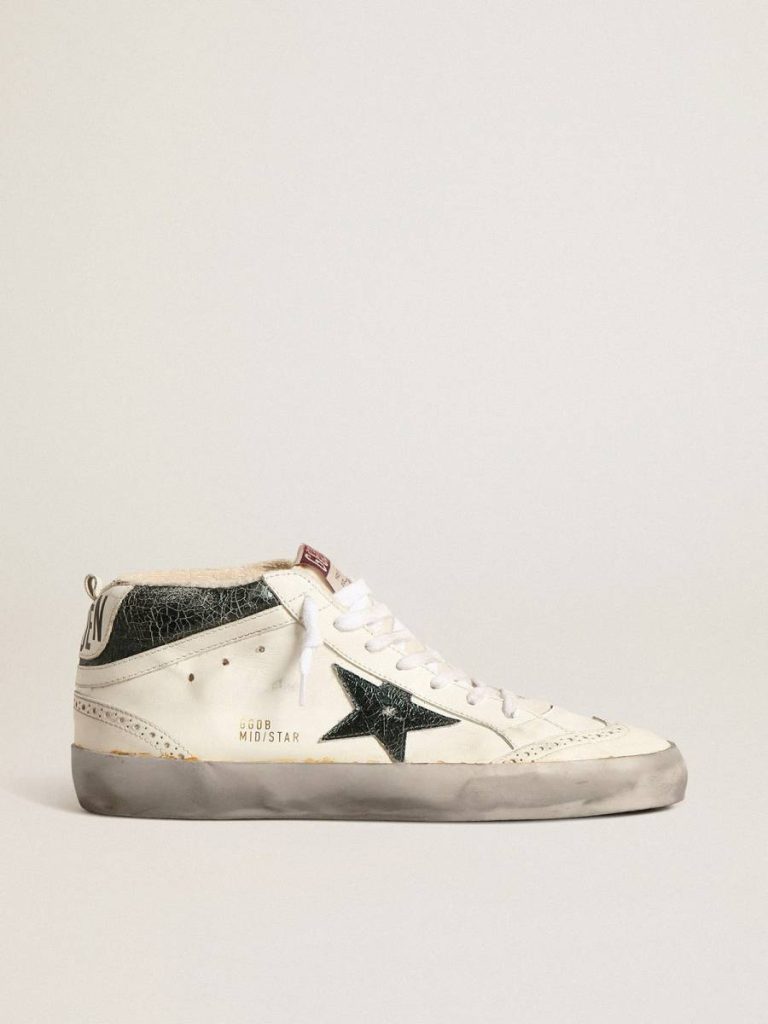 Golden Goose Mid Star With Green Metallic Leather Star And White Flash Men White Mid Star - 1