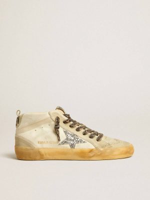 Golden Goose Mid Star Women's Mid Star In Canvas With Silver Glitter Star And Beige Flash Women - 1