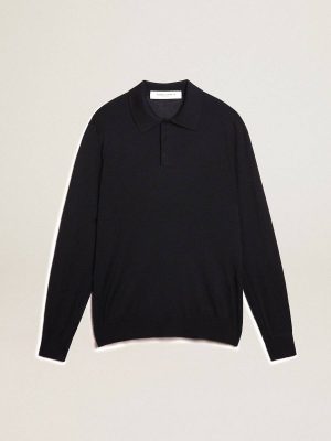 Golden Goose Navy Blue T-Shirts & Polo Shirts Men Men’s Long-Sleeved Polo Shirt In Navy-Blue Merino Wool - 1