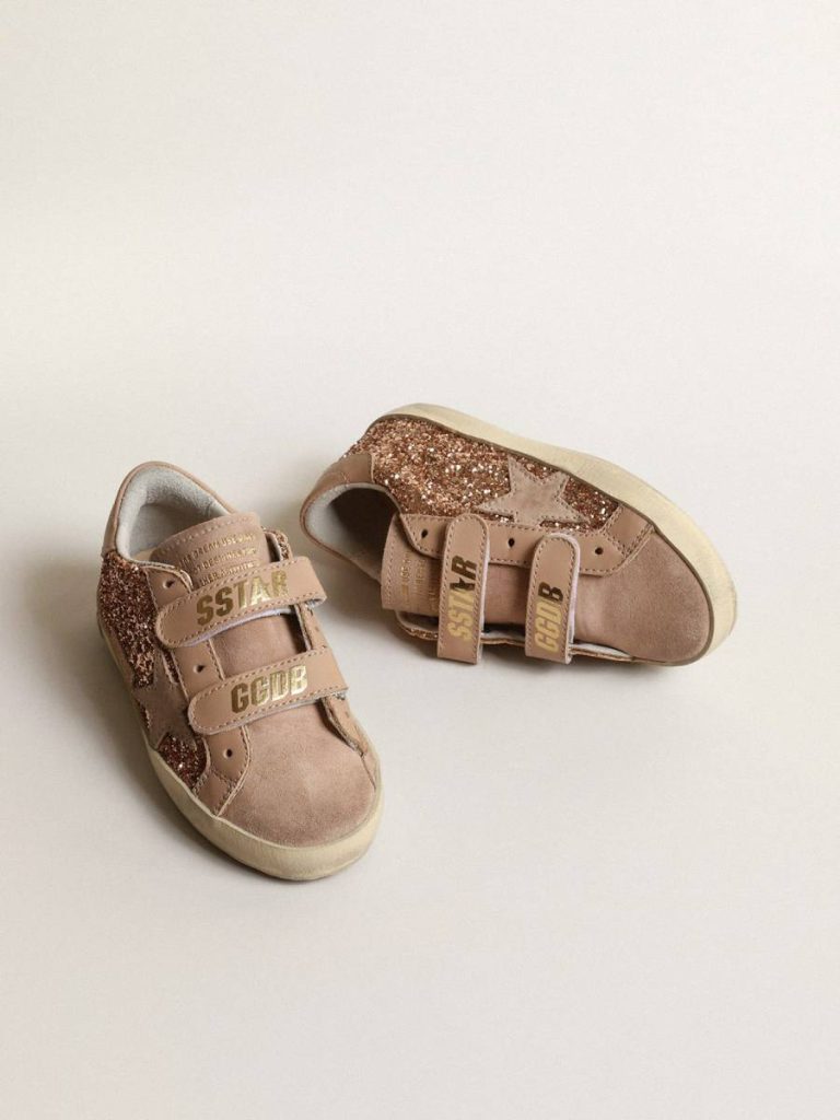 Golden Goose Old School Junior In Peach-Pink Glitter With Pink Suede Star Little Girls (1-3 Years) Kids - 2