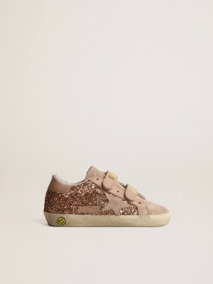 Golden Goose Old School Junior In Peach-Pink Glitter With Pink Suede Star Little Girls (1-3 Years) Kids - 1