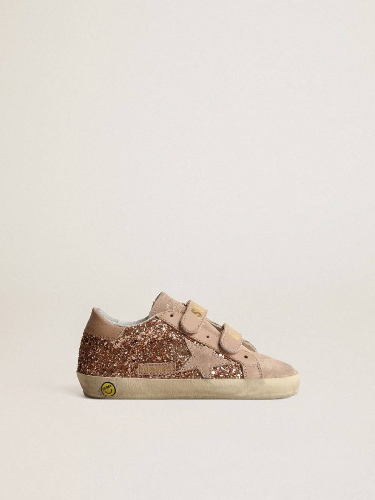 Golden Goose Old School Junior In Peach-Pink Glitter With Pink Suede Star Little Girls (1-3 Years) Kids - 1