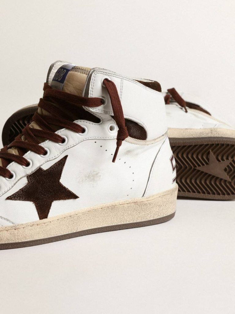 Golden Goose Sky-Star Men’s Sky-Star In White Nappa Leather With A Chocolate Suede Star Men - 4