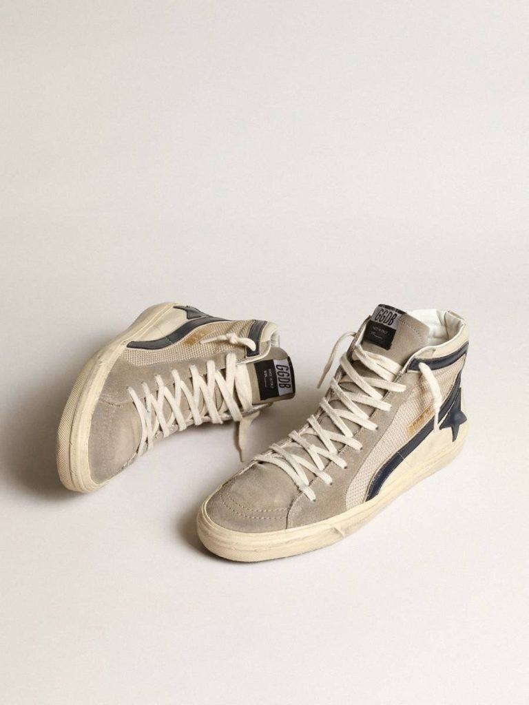 Golden Goose Slide In Beige Mesh And Nylon With Blue Leather Star And Flash Men Slide - 2